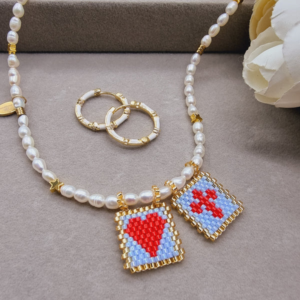 Escapulario Perlas con Escapulario Azul Celeste y Rojo