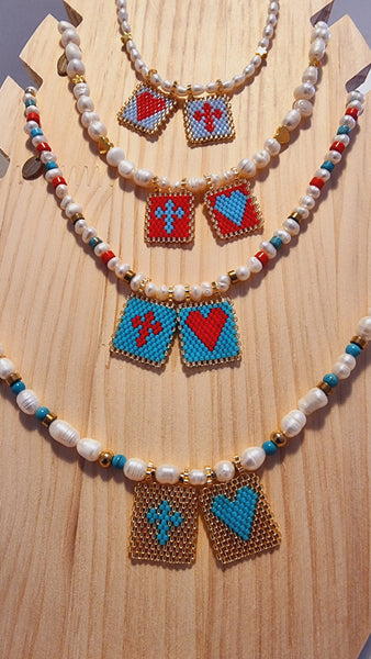 Escapulario Perlas con Escapulario Azul Celeste y Rojo