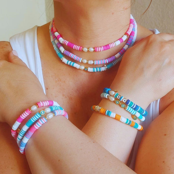 Juego Collar y Pulsera Rosa-Lila con Perla