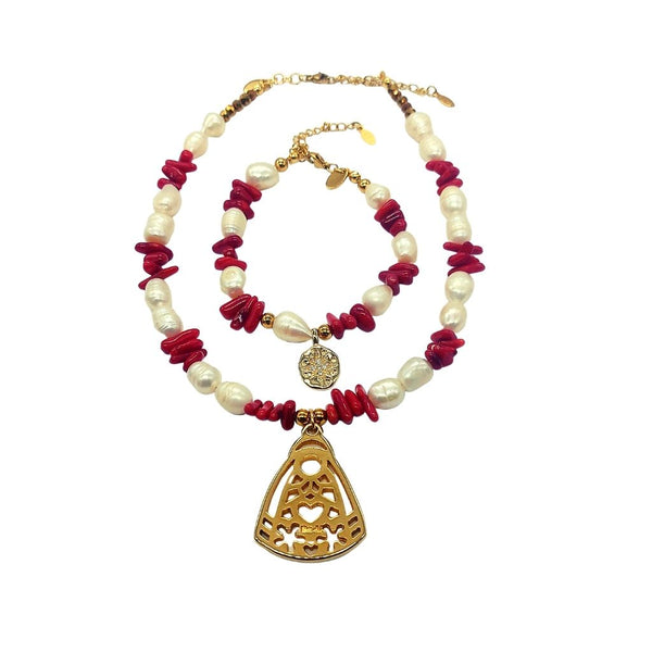 Pulsera Perlas, Coral y Dije